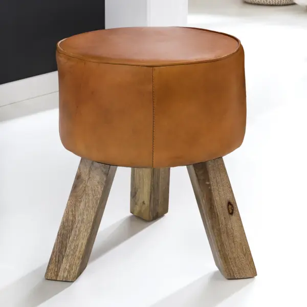 FineBuy Design Sitzhocker FB45553 Holz 37x45x37 cm Modern Fußhocker Rund, Turnbock Lederhocker Holzbeine, Hocker Massivholz mit Leder, Kleiner Fußhocker Gepolstert, Holzhocker mit Echtleder Braun