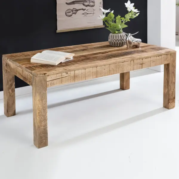 FineBuy Couchtisch Mango Massivholz 110cm · rechteckiger Wohnzimmertisch im Landhausstil · heller Massivholztisch mit markanter Holzmaserung & stabilem Design