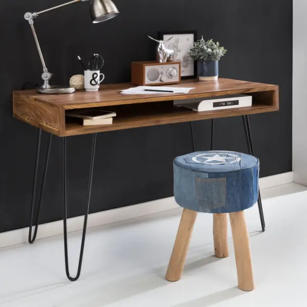 Massiver Schreibtisch HARLEM Sheesham Massiv Holz 110 x 60 x 76 cm mit Ablage, Computertisch Massivholz mit Metall Beinen, Design Holz PC Tisch