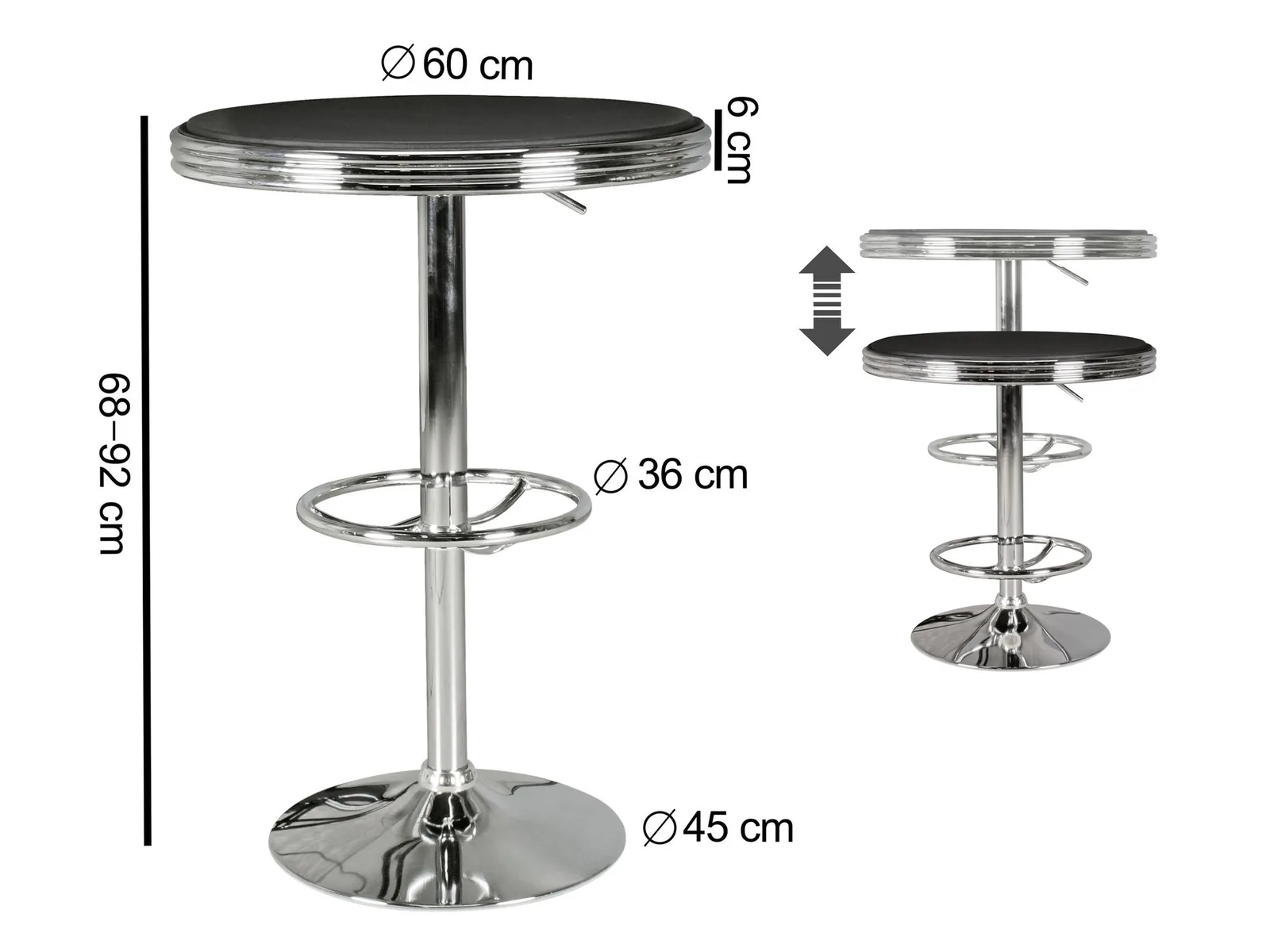 FineBuy American Diner Bartisch rund Ø 60 cm Aluminium Kunstlederbezug, Retro Stehtisch USA Schwarz/Silber, Robuster Bistrotisch 50er Jahre, Partytisch mit Untergestell aus verchromtem Alu
