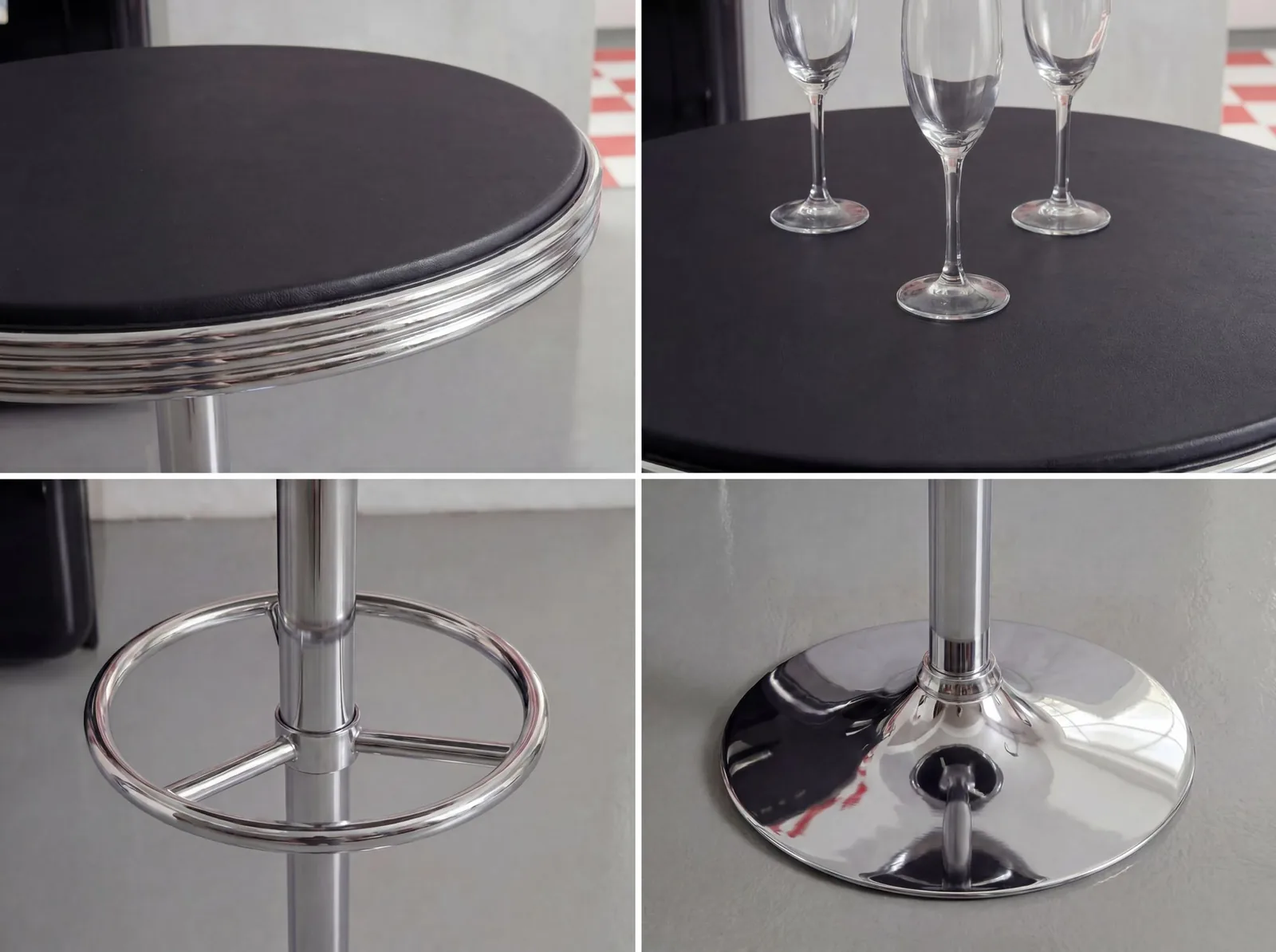 FineBuy American Diner Bartisch rund Ø 60 cm Aluminium Kunstlederbezug, Retro Stehtisch USA Schwarz/Silber, Robuster Bistrotisch 50er Jahre, Partytisch mit Untergestell aus verchromtem Alu