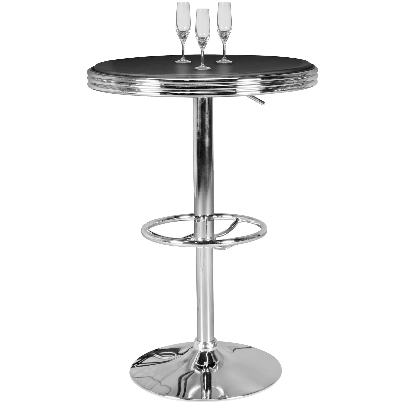 FineBuy American Diner Bartisch rund Ø 60 cm Aluminium Kunstlederbezug, Retro Stehtisch USA Schwarz/Silber, Robuster Bistrotisch 50er Jahre, Partytisch mit Untergestell aus verchromtem Alu