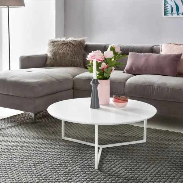 FineBuy Design Couchtisch 80 cm Rund Weiß Matt lackiert, Moderner Wohnzimmertisch MDF Holz, Lounge Sofa Tisch Metall Gestell