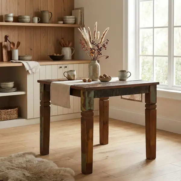 FineBuy Esstisch quadratisch 80 cm Mango Massivholz – Quadratischer Shabby Chic Tisch im Bootsholz Design, Landhaus Esszimmertisch massiv, Küchentisch für 4 Personen