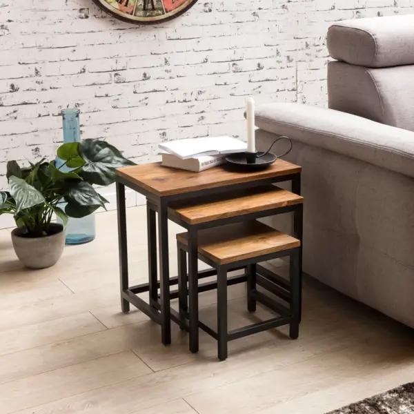 FineBuy 3er Set Design Beistelltisch Sheesham Satztisch Metallbeine, Tischset 3 teilig Materialmix, Couchtisch aus Massivholz