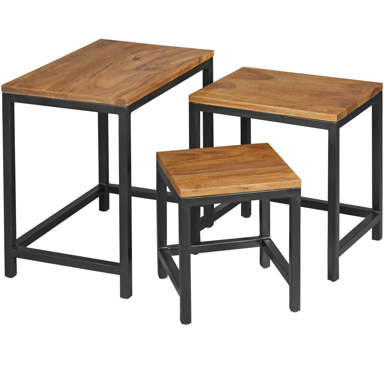 FineBuy 3er Set Design Beistelltisch Sheesham Satztisch Metallbeine, Tischset 3 teilig Materialmix, Couchtisch aus Massivholz