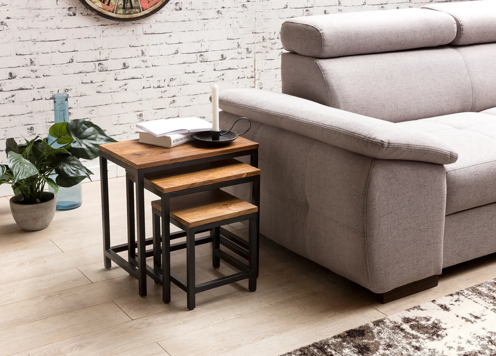 FineBuy 3er Set Design Beistelltisch Sheesham Satztisch Metallbeine, Tischset 3 teilig Materialmix, Couchtisch aus Massivholz