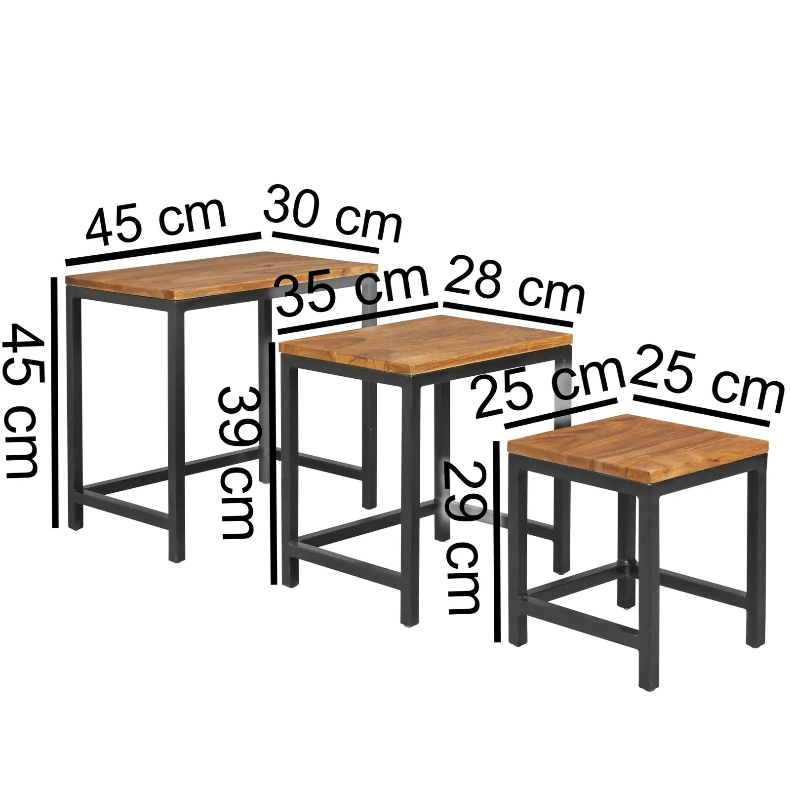FineBuy 3er Set Design Beistelltisch Sheesham Satztisch Metallbeine, Tischset 3 teilig Materialmix, Couchtisch aus Massivholz