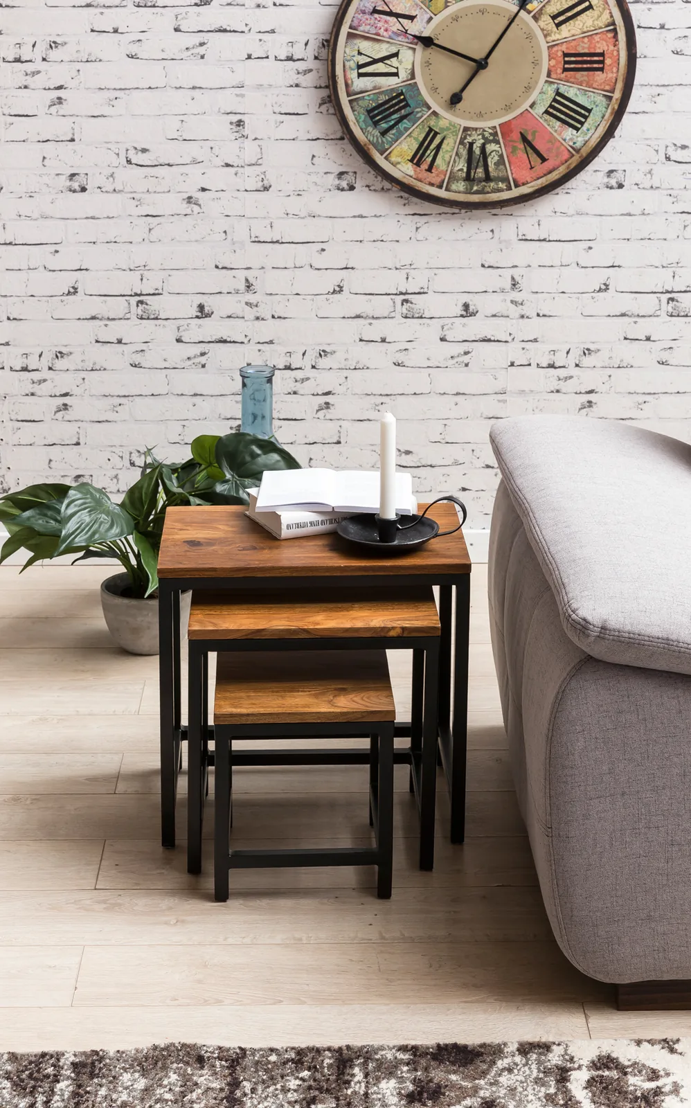 FineBuy 3er Set Design Beistelltisch Sheesham Satztisch Metallbeine, Tischset 3 teilig Materialmix, Couchtisch aus Massivholz