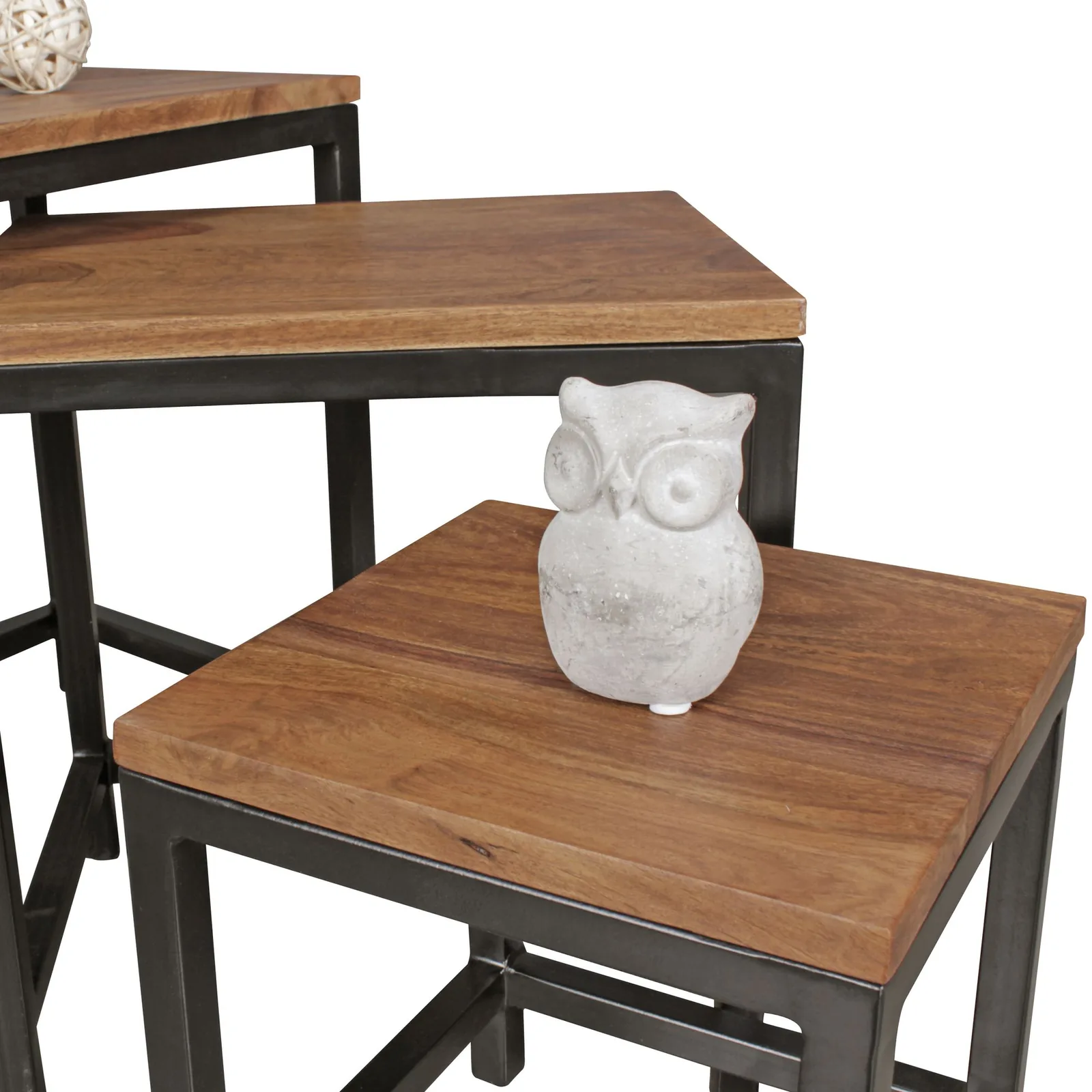 FineBuy 3er Set Design Beistelltisch Sheesham Satztisch Metallbeine, Tischset 3 teilig Materialmix, Couchtisch aus Massivholz