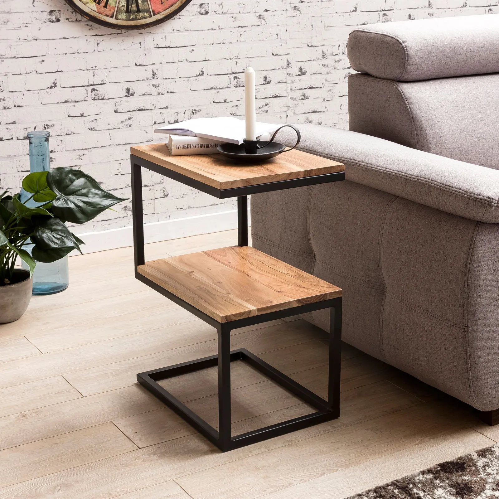 FineBuy Beistelltisch S-Form Massivholz / Metall 45 x 60 x 30 cm, Design Wohnzimmertisch Landhaus-Stil, Anstelltisch Ablagetisch eckig