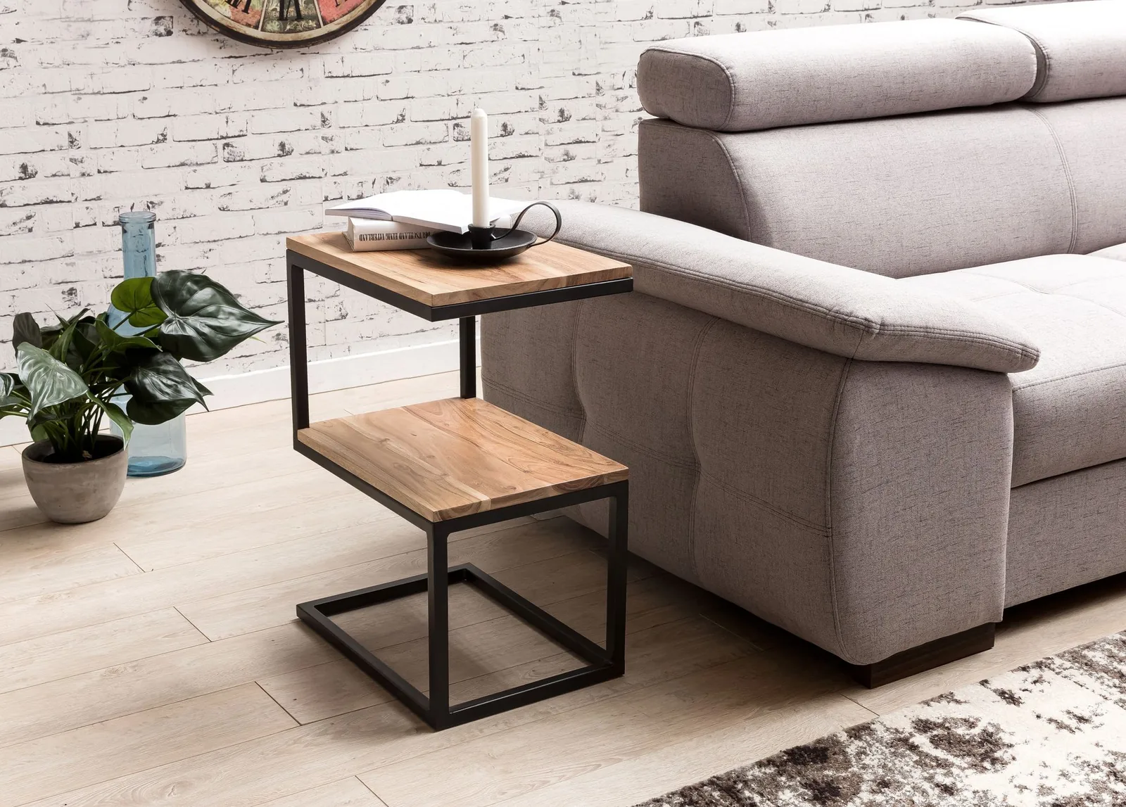 FineBuy Beistelltisch S-Form Massivholz / Metall 45 x 60 x 30 cm, Design Wohnzimmertisch Landhaus-Stil, Anstelltisch Ablagetisch eckig