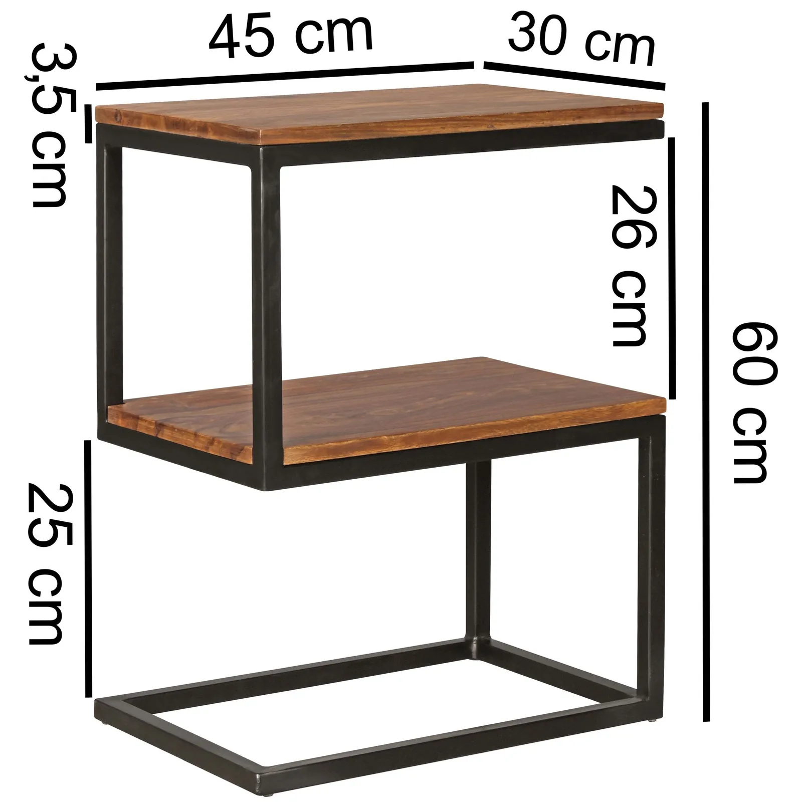 FineBuy Beistelltisch S-Form Massivholz / Metall 45 x 60 x 30 cm, Design Wohnzimmertisch Landhaus-Stil, Anstelltisch Ablagetisch eckig
