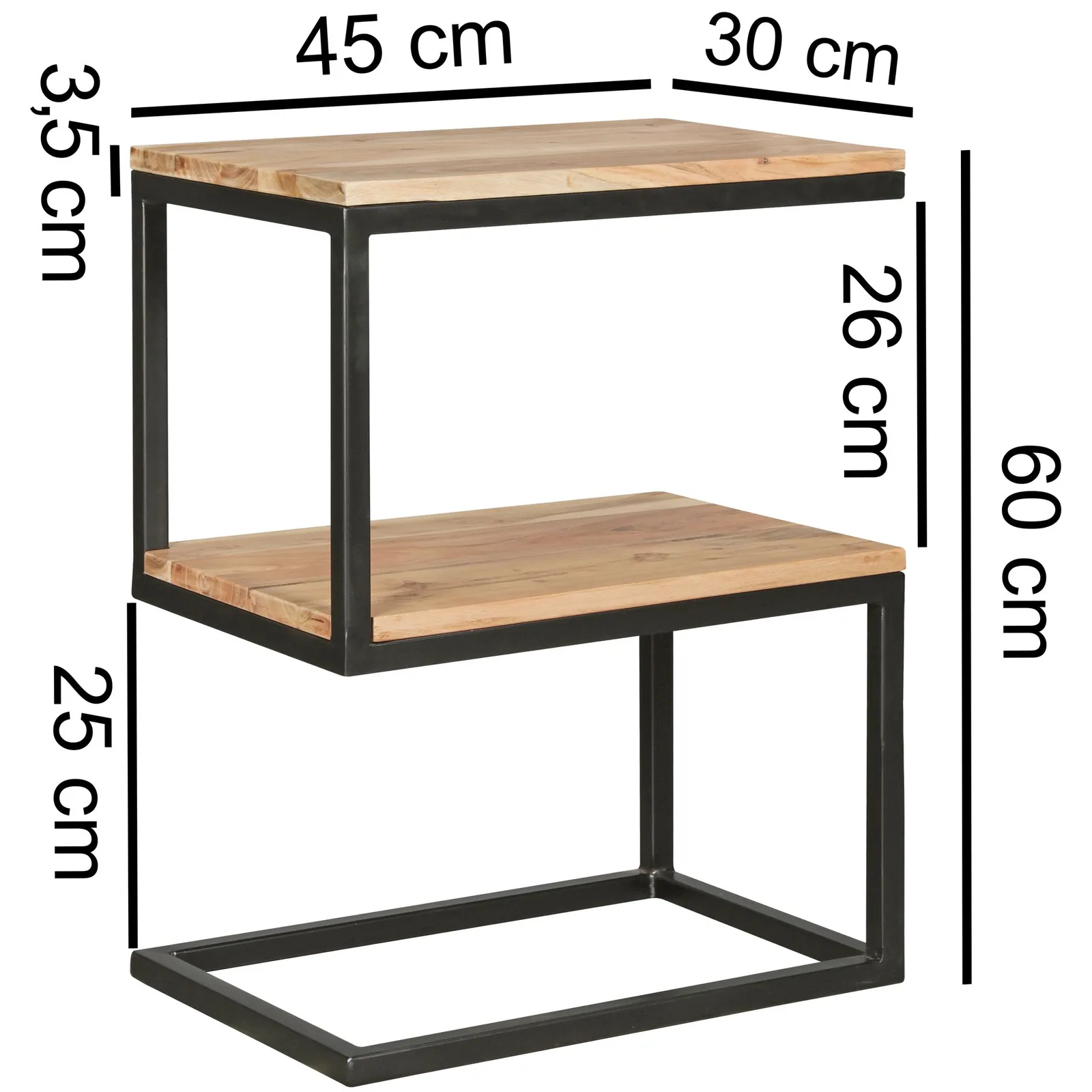 FineBuy Beistelltisch S-Form Massivholz / Metall 45 x 60 x 30 cm, Design Wohnzimmertisch Landhaus-Stil, Anstelltisch Ablagetisch eckig