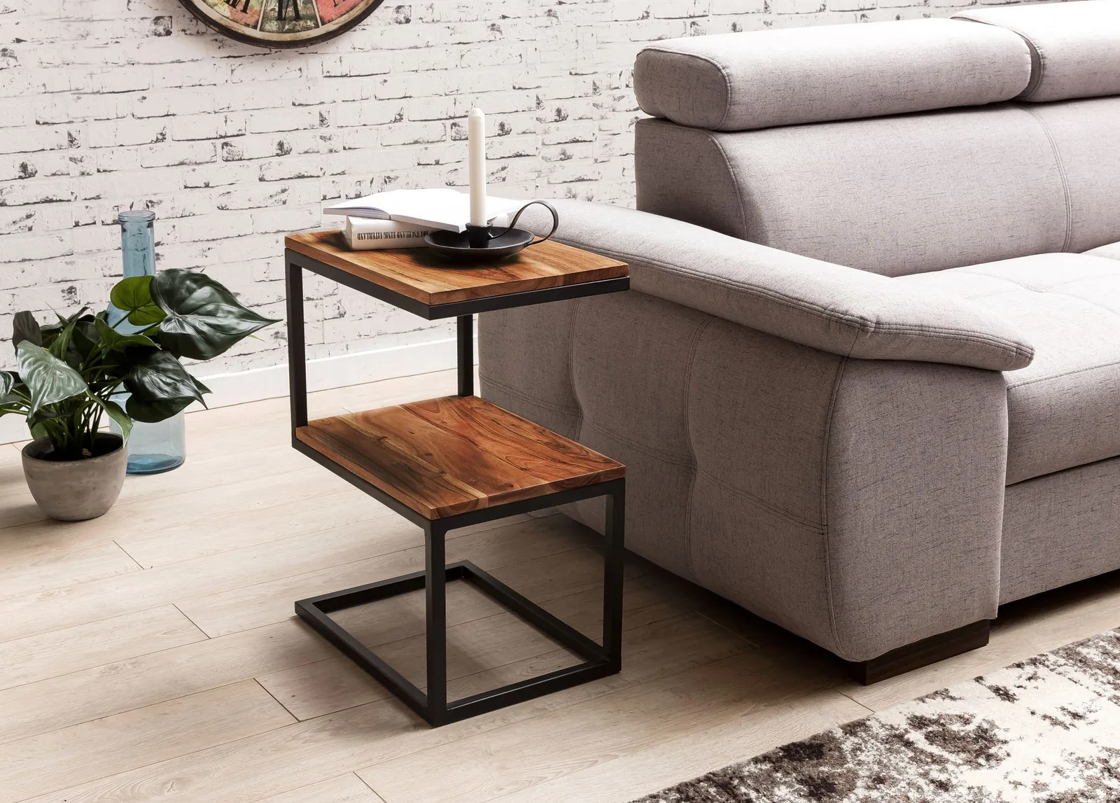 FineBuy Beistelltisch S-Form Massivholz / Metall 45 x 60 x 30 cm, Design Wohnzimmertisch Landhaus-Stil, Anstelltisch Ablagetisch eckig
