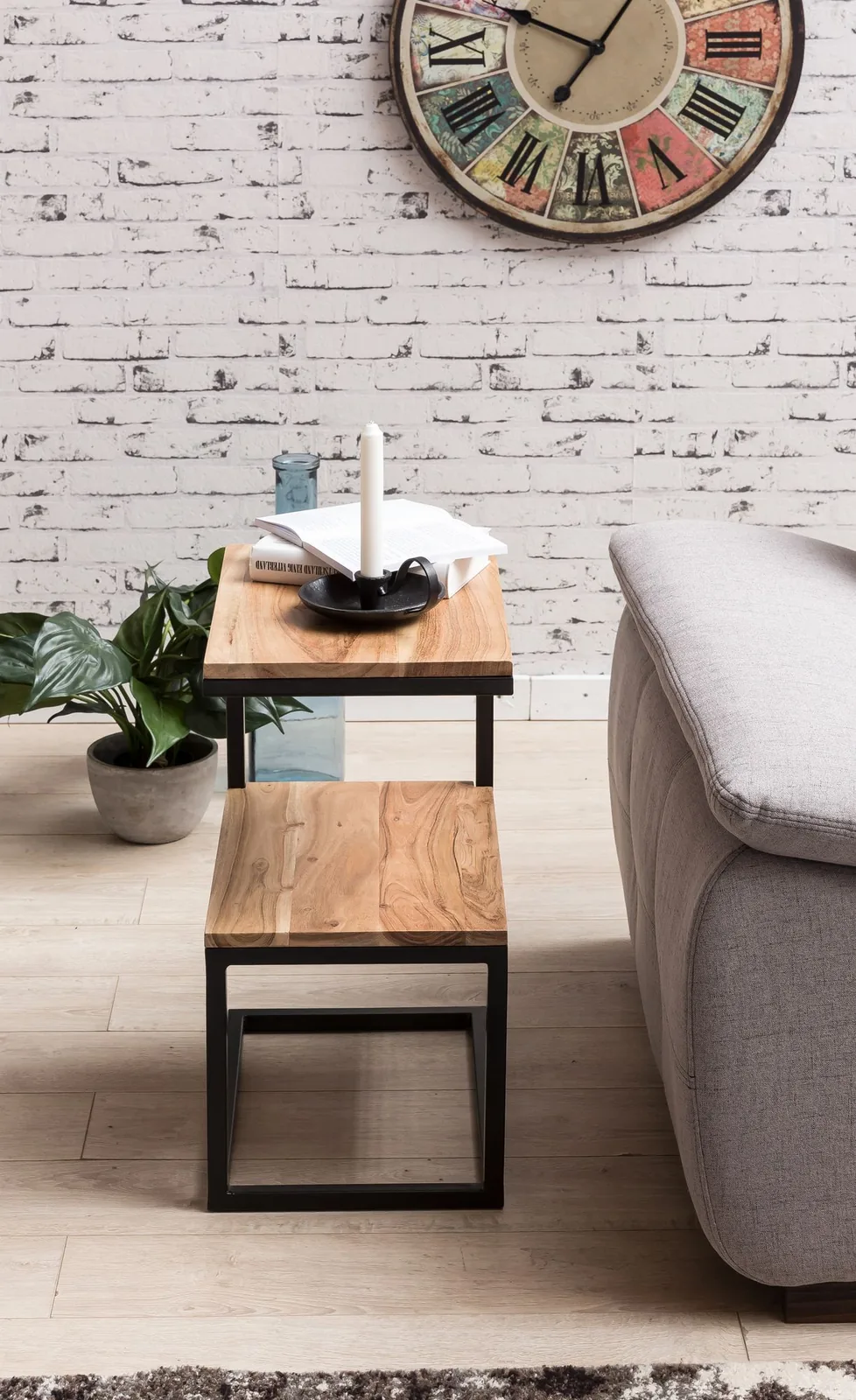 FineBuy Beistelltisch S-Form Massivholz / Metall 45 x 60 x 30 cm, Design Wohnzimmertisch Landhaus-Stil, Anstelltisch Ablagetisch eckig