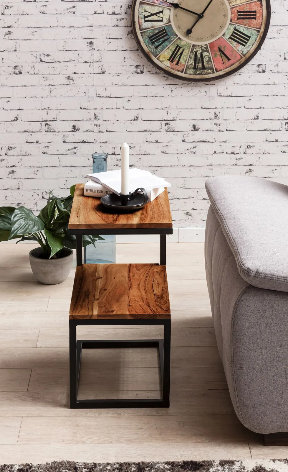 FineBuy Beistelltisch S-Form Massivholz / Metall 45 x 60 x 30 cm, Design Wohnzimmertisch Landhaus-Stil, Anstelltisch Ablagetisch eckig