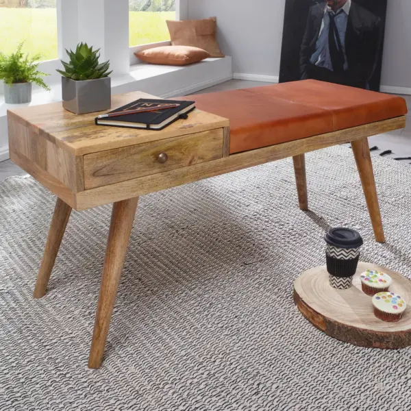 FineBuy gepolsterte Sitzbank 100 cm Massivholz Echtleder mit Schublade - Retro Polsterbank für Garderobe, Schlafzimmer, Wohnzimmer - Garderobenbank Eingangsbereich