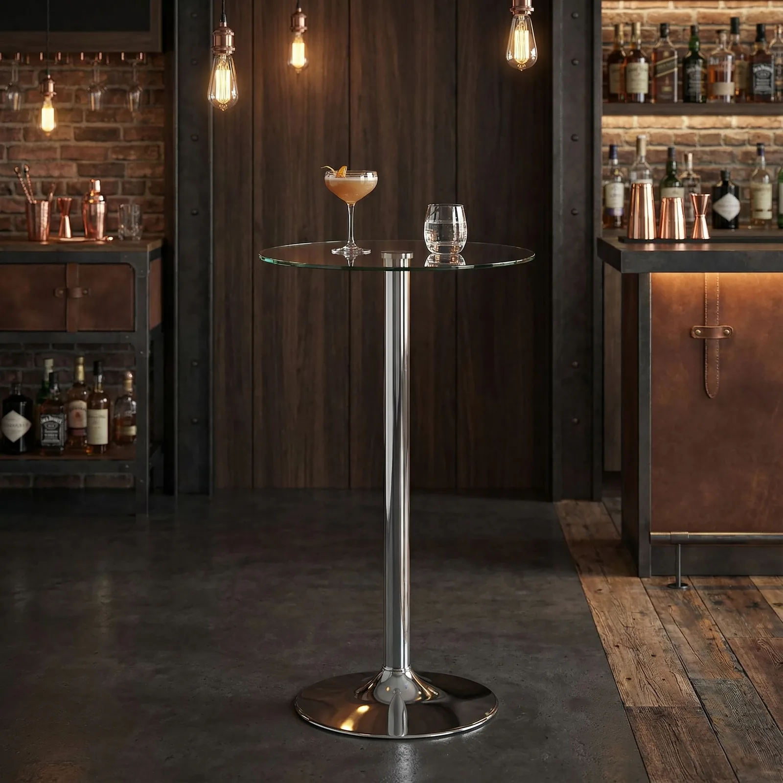 FineBuy Stehtisch 60x60x105 cm Rund Bartisch Sicherheitsglas Bistrotisch Silber, Moderner Tisch für Bar, Design Partytisch Metall, Hochtisch Messetisch Chrom
