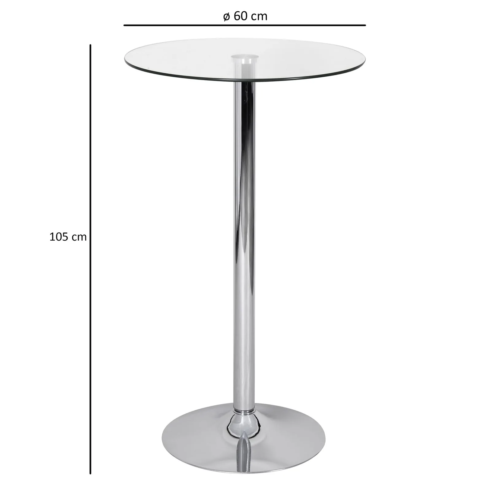 FineBuy Stehtisch 60x60x105 cm Rund Bartisch Sicherheitsglas Bistrotisch Silber, Moderner Tisch für Bar, Design Partytisch Metall, Hochtisch Messetisch Chrom