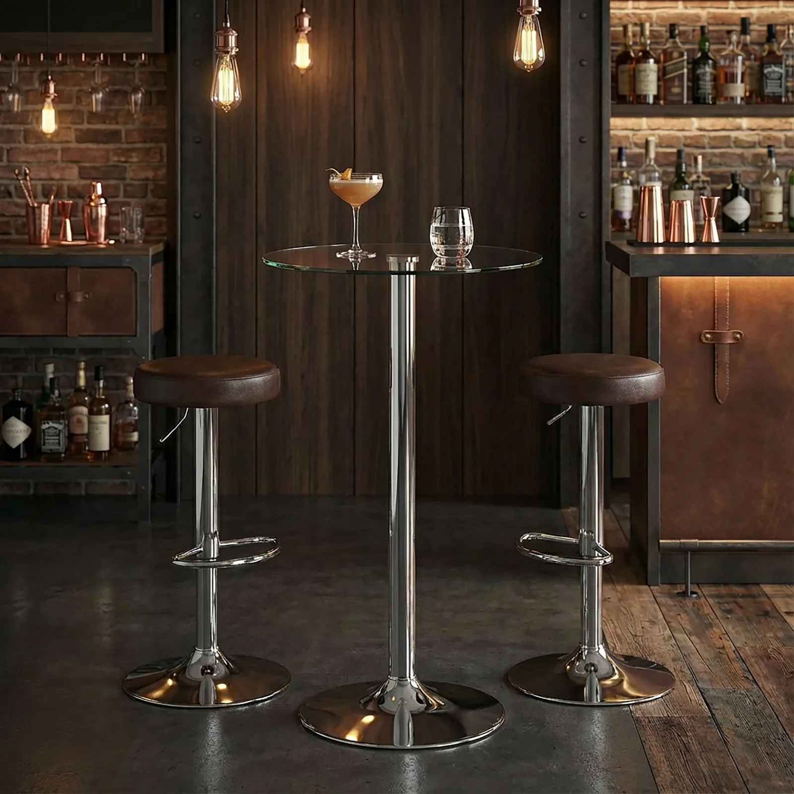 FineBuy Stehtisch 60x60x105 cm Rund Bartisch Sicherheitsglas Bistrotisch Silber, Moderner Tisch für Bar, Design Partytisch Metall, Hochtisch Messetisch Chrom