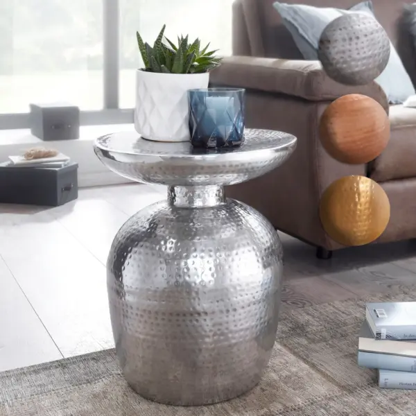 FineBuy Beistelltisch rund 37 cm Metall - Orientalischer Design Wohnzimmertisch Aluminium - Hammerschlag Alu kleiner Couchtisch - Dekotisch