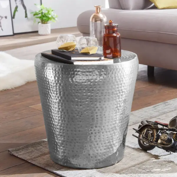FineBuy Beistelltisch rund 41 cm Metall - Orientalischer Design Wohnzimmertisch Aluminium - Hammerschlag Alu kleiner Couchtisch - Dekotisch