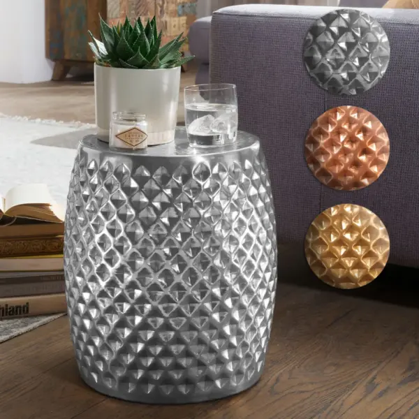 FineBuy Design Beistelltisch rund 32 cm Metall - Orientalischer Wohnzimmertisch Hammerschlag Aluminium - Kleiner Couchtisch - Moderner Dekotisch Alu