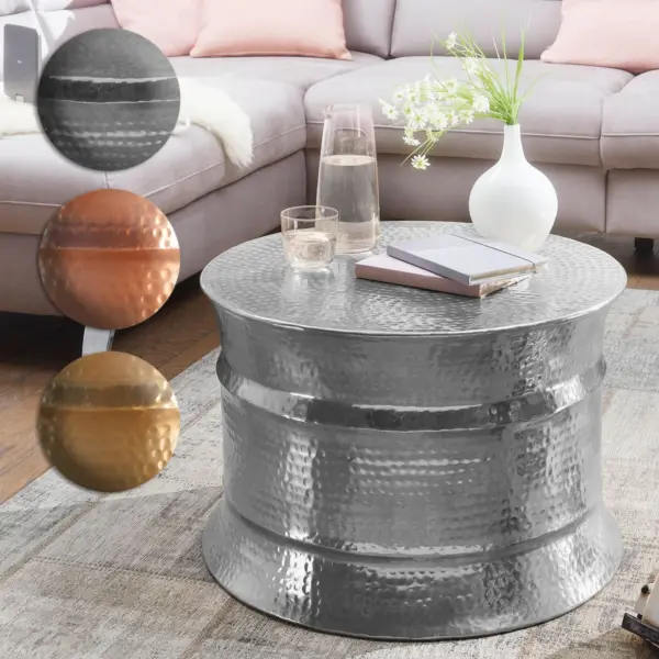 FineBuy Design Couchtisch rund 60 cm aus Metall - Handgefertigter Aluminium Wohnzimmertisch mit Hammerschlag - Orientalischer runder Alu Sofatisch