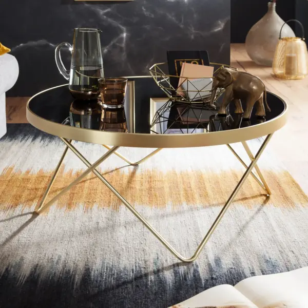 FineBuy Design Couchtisch Ø 82 cm Schwarz Gold Beistelltisch Metall / Glas, Tisch mit Glasplatte, Ablagetisch modern, Großer Wohnzimmertisch, Glastisch mit Metallgestell