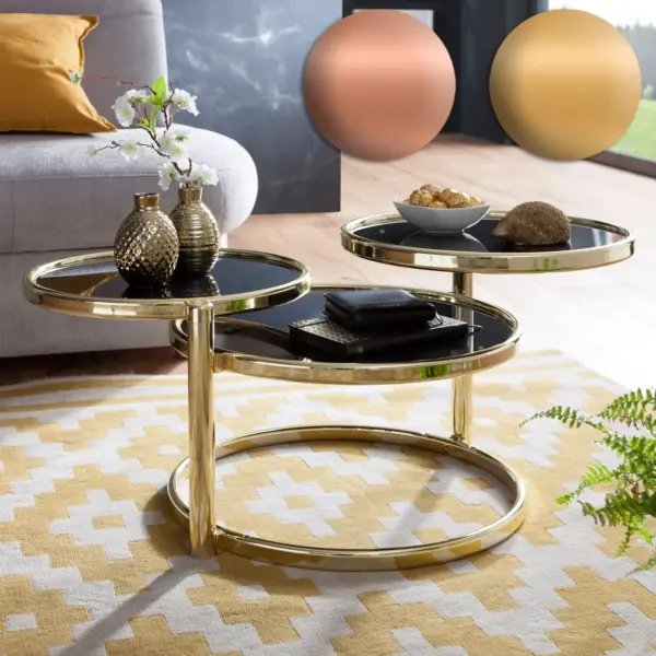FineBuy Couchtisch mit 3 Tischplatten 58 x 43 x 58 cm, Beistelltisch rund, Design Wohnzimmertisch Glas / Metall, Designer Glastisch Sofatisch modern, Kleiner Loungetisch