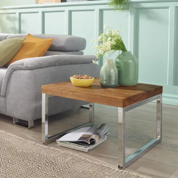 FineBuy Couchtisch quadratisch 60cm Sheesham Massivholz mit Chrom Gestell, Design Wohnzimmertisch, Sofatisch mit Metallrahmen, Holztisch Wohnzimmer, Beistelltisch Echtholz
