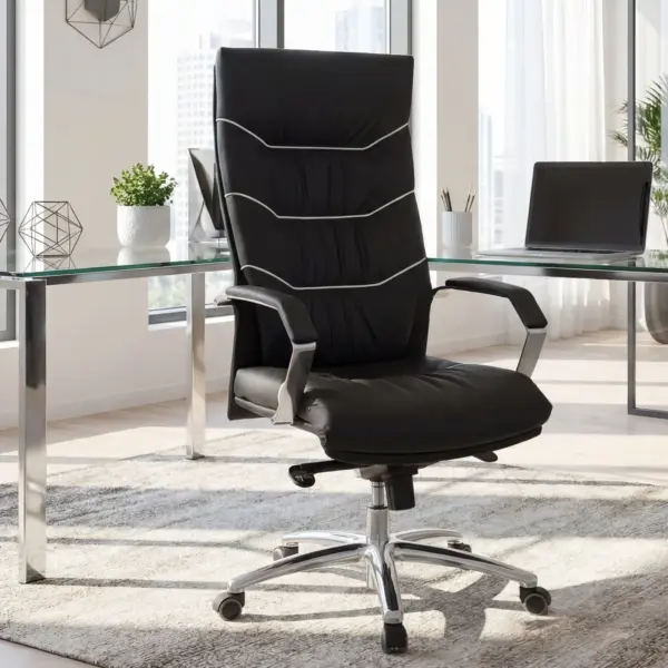 FineBuy Bürostuhl Echt-Leder schwarz Schreibtischstuhl, Chefsessel mit Kopfstütze & Multiblockmechanik, Design Drehstuhl verstellbar, Schreibtisch-Stuhl hohe Rückenlehne