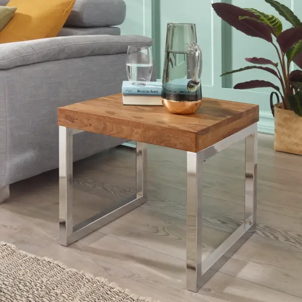 FineBuy Couchtisch quadratisch 46cm Sheesham Massivholz mit Chrom Gestell, Design Wohnzimmertisch, Sofatisch mit Metallrahmen, Holztisch Wohnzimmer, Beistelltisch Echtholz