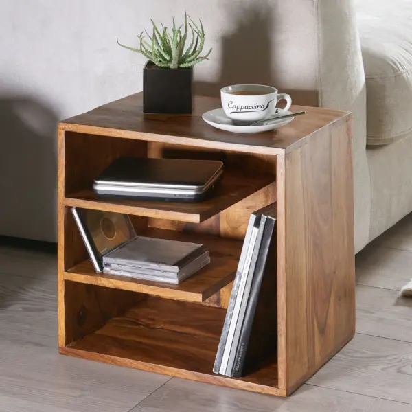 FineBuy Beistelltisch 43x43x30 cm Sheesham Massivholz Design Nachttisch, Kleiner Wohnzimmertisch mit Ablagen, Designer Holztisch massiv, Nachtkonsole Nachtkommode Holz, Anstelltisch modern