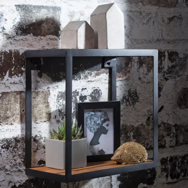 FineBuy Wandregal PURI 35x18x35 cm Sheesham Massivholz, Bücherregal hängend, Metallregal mit Echtholz Regalboden, Holzregal quadratisch, Dekoregal Hängeregal