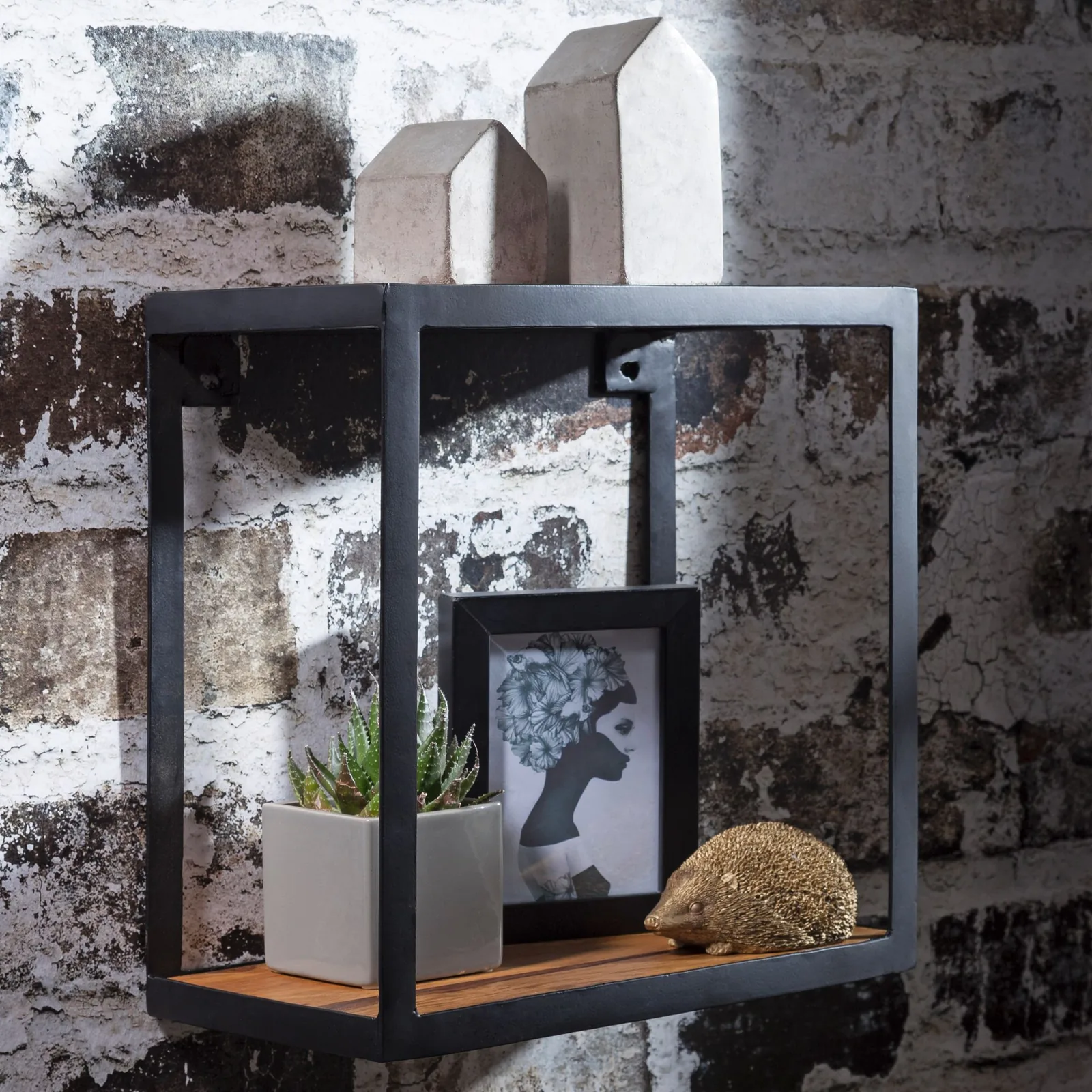FineBuy Wandregal PURI 35x18x35 cm Sheesham Massivholz, Bücherregal hängend, Metallregal mit Echtholz Regalboden, Holzregal quadratisch, Dekoregal Hängeregal