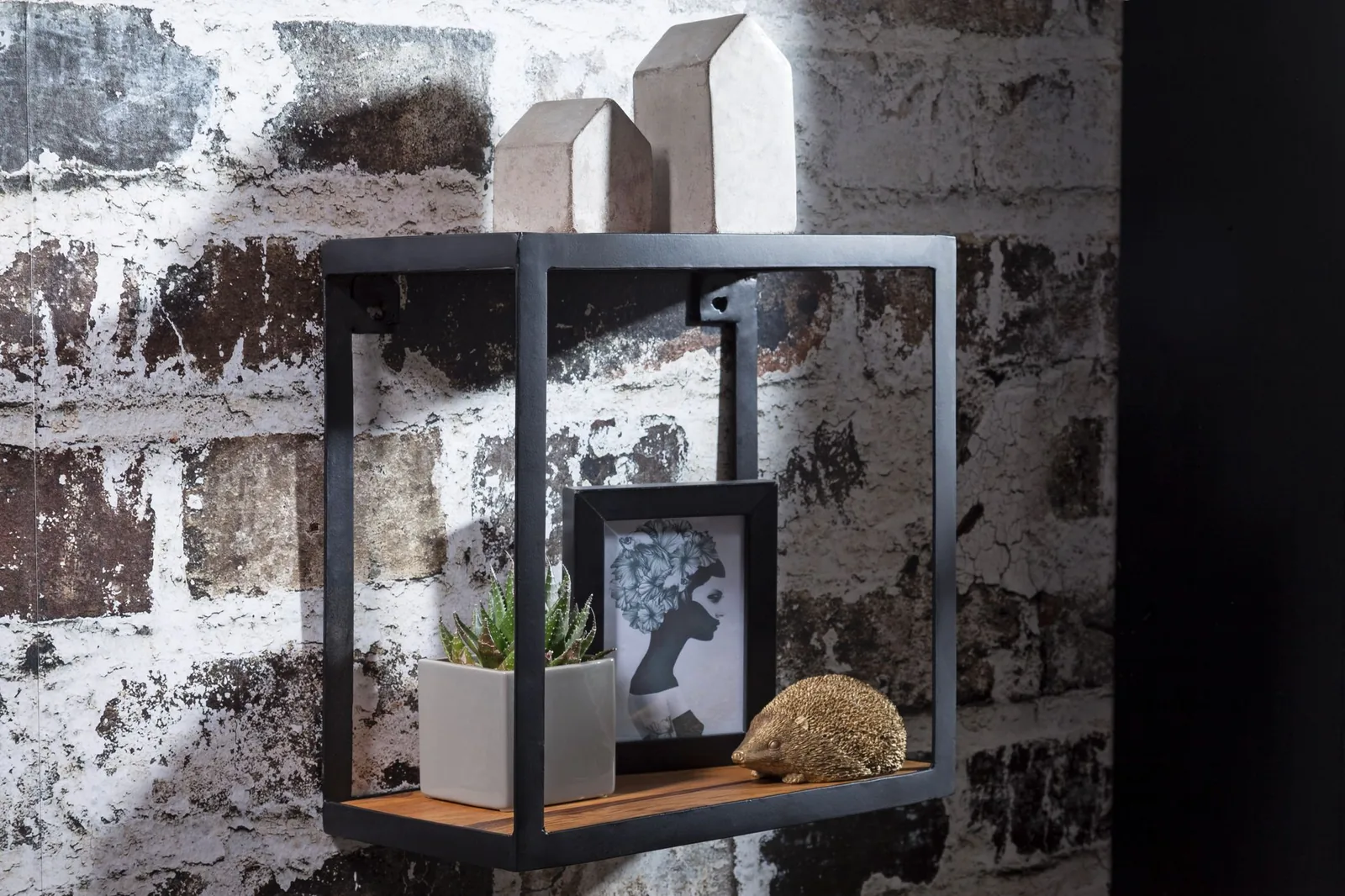 FineBuy Wandregal PURI 35x18x35 cm Sheesham Massivholz, Bücherregal hängend, Metallregal mit Echtholz Regalboden, Holzregal quadratisch, Dekoregal Hängeregal