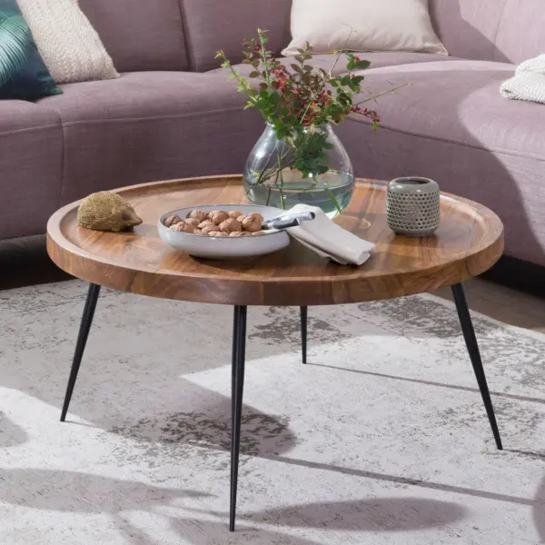 FineBuy Couchtisch Sheesham Massivholz rund Ø 75 cm – Wohnzimmertisch mit Metallbeinen | Design Holztisch handgefertigt im modernen Retro Stil
