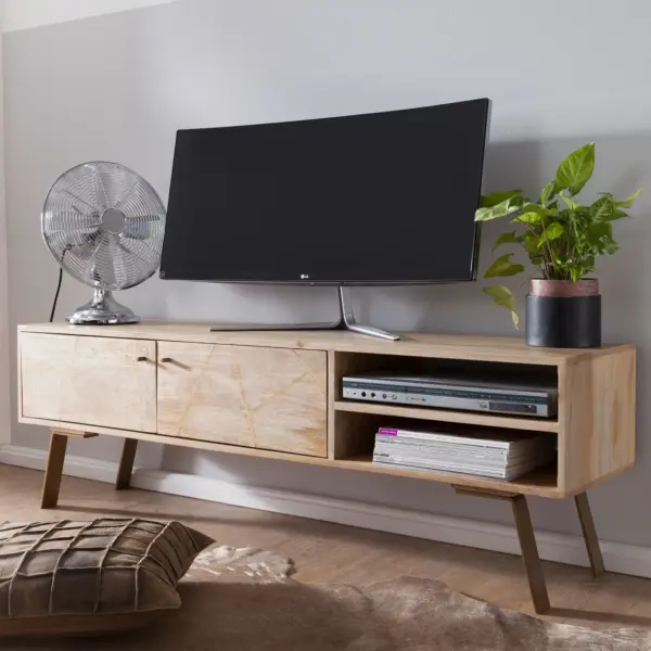 FineBuy HiFi Lowboard SIKAR Mango Massivholz TV Kommode 145x47x35 cm, Fernsehschrank mit 2 Türen, Fernsehtisch Ablagefach, Fernsehkommode TV Möbel, TV-Board