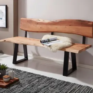 FineBuy Esszimmerbank TREE 180x85,5x60 cm Akazie Massivholz Bank mit Baumkante, Sitzbank Holzbank mit Lehne, Küchenbank Essbank Holz Landhausstil, Baumstamm Küchensitzbank 4 Sitzer Massiv