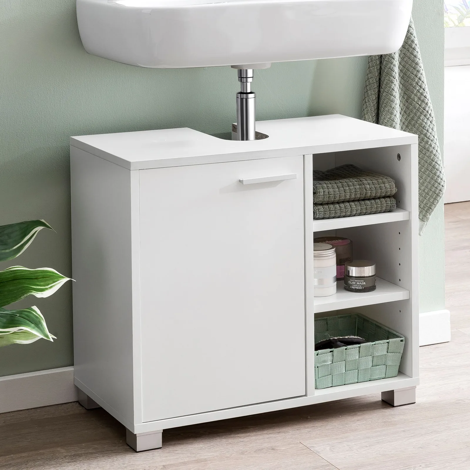 FineBuy Waschbeckenunterschrank 60x55x32 cm weiß mit Tür, Unterschrank Waschbecken Badezimmer, Waschtischunterschrank mit Fächern, Badezimmerschrank mit Ablage