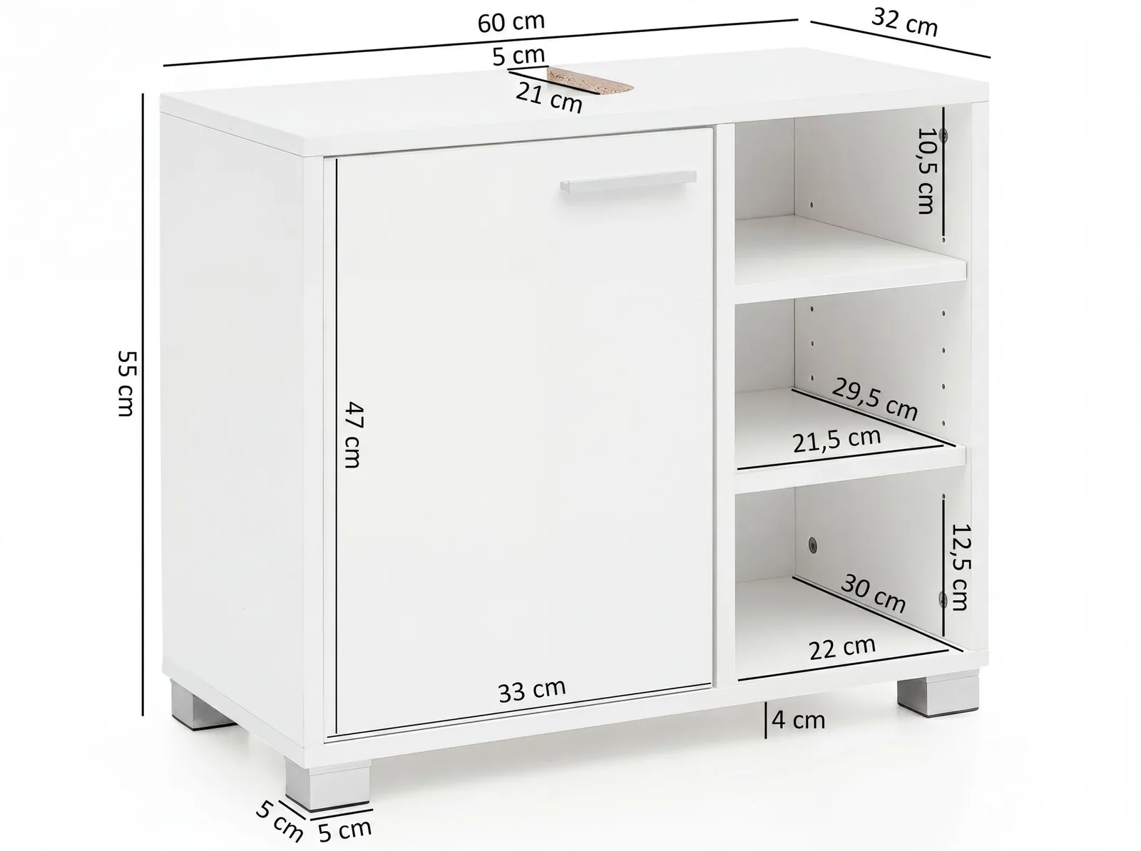 FineBuy Waschbeckenunterschrank 60x55x32 cm weiß mit Tür, Unterschrank Waschbecken Badezimmer, Waschtischunterschrank mit Fächern, Badezimmerschrank mit Ablage
