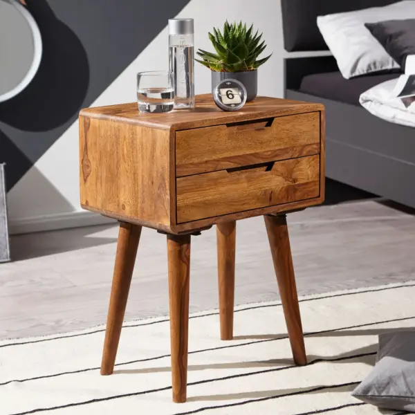 FineBuy Nachttisch Sheesham Massivholz mit 2 Schubladen - Nachtkästchen für Boxspringbett - Nachtkonsole Retro Design - Nachtkommode 47x66x36 cm