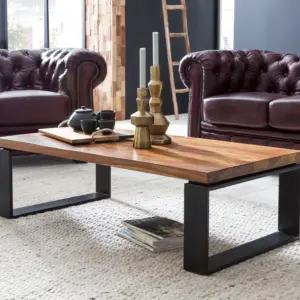 FineBuy Couchtisch Sheesham Massivholz 115cm · Rechteckiger Wohnzimmertisch mit Metall Kufengestell · Industrial Design eckig