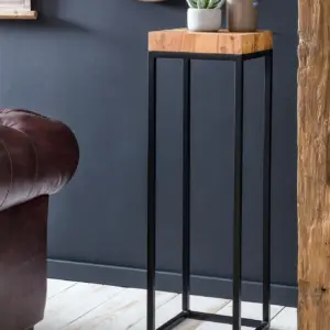 FineBuy Beistelltisch FB51448 Akazie Metall Anstelltisch 30 x 97 x 30 cm hoch, Industrial Style Tischchen Wohnzimmer, Holztisch mit Metallbeinen, Abstelltisch Blumentisch Naturholz Dekotisch