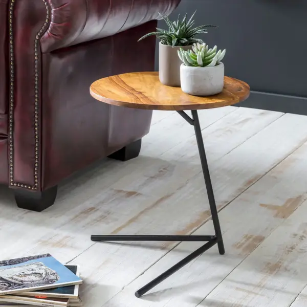 FineBuy Beistelltisch rund 40x46x40 cm Sheesham Metall Couchtisch Industrial Style Echtholz, Holztisch Sofatisch Metallbeine, Anstelltisch Dekotisch