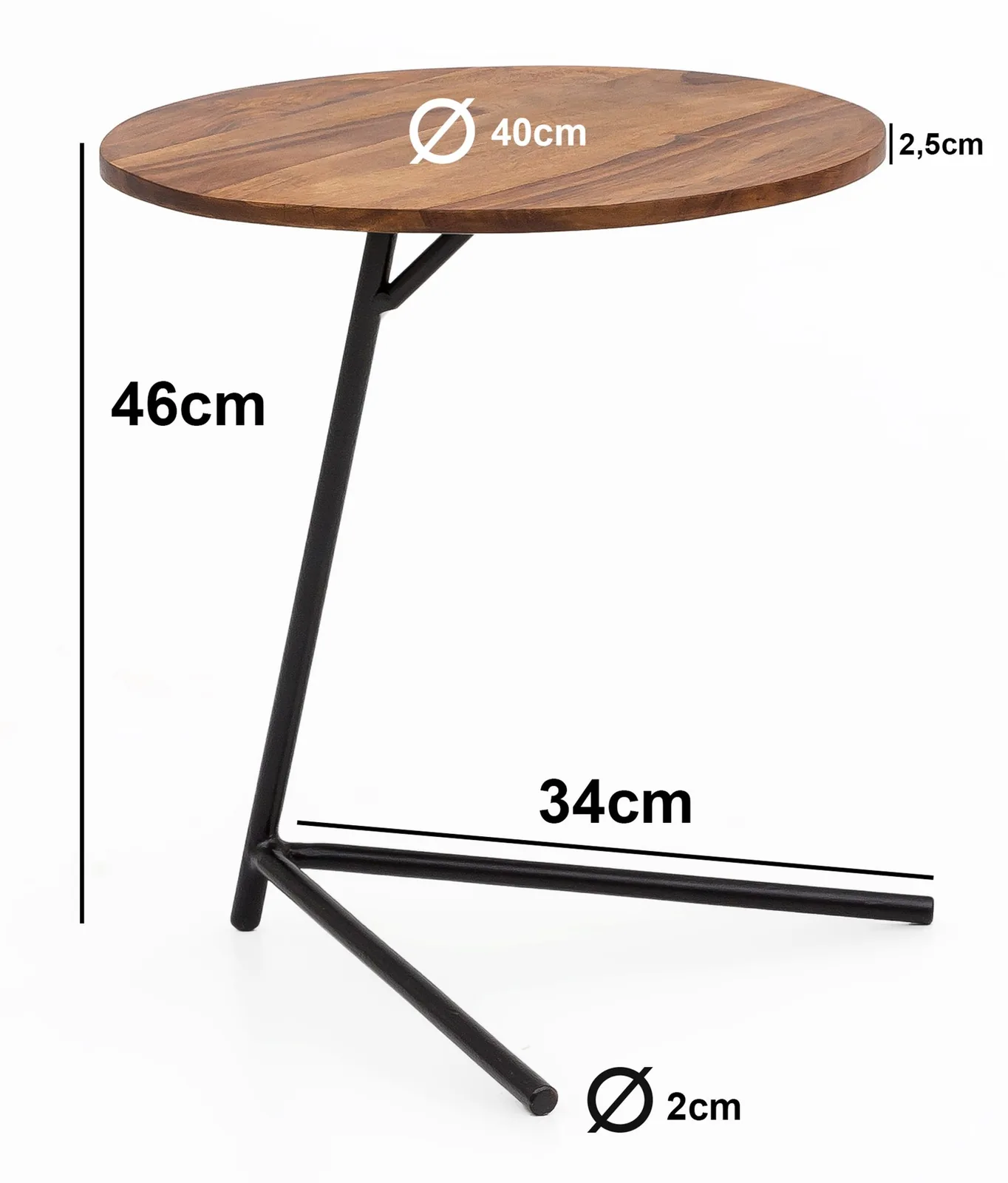 FineBuy Beistelltisch rund 40x46x40 cm Sheesham Metall Couchtisch Industrial Style Echtholz, Holztisch Sofatisch Metallbeine, Anstelltisch Dekotisch