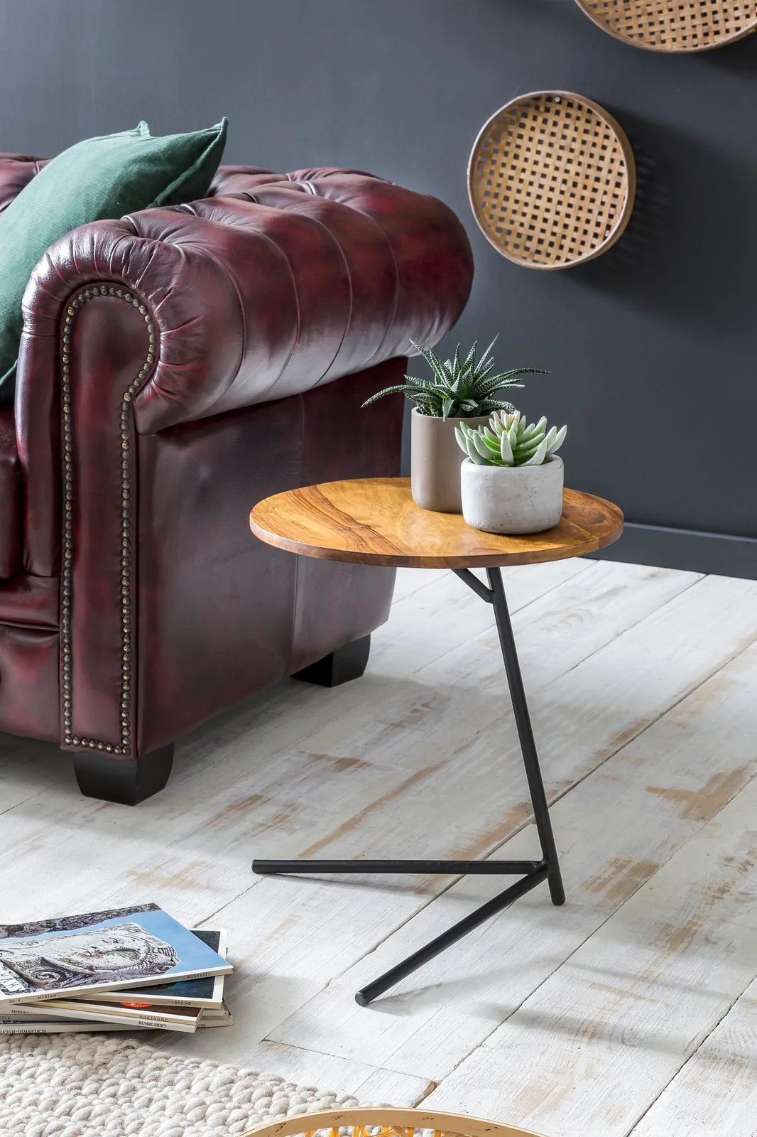 FineBuy Beistelltisch rund 40x46x40 cm Sheesham Metall Couchtisch Industrial Style Echtholz, Holztisch Sofatisch Metallbeine, Anstelltisch Dekotisch