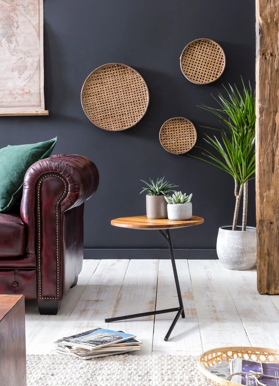 FineBuy Beistelltisch rund 40x46x40 cm Sheesham Metall Couchtisch Industrial Style Echtholz, Holztisch Sofatisch Metallbeine, Anstelltisch Dekotisch